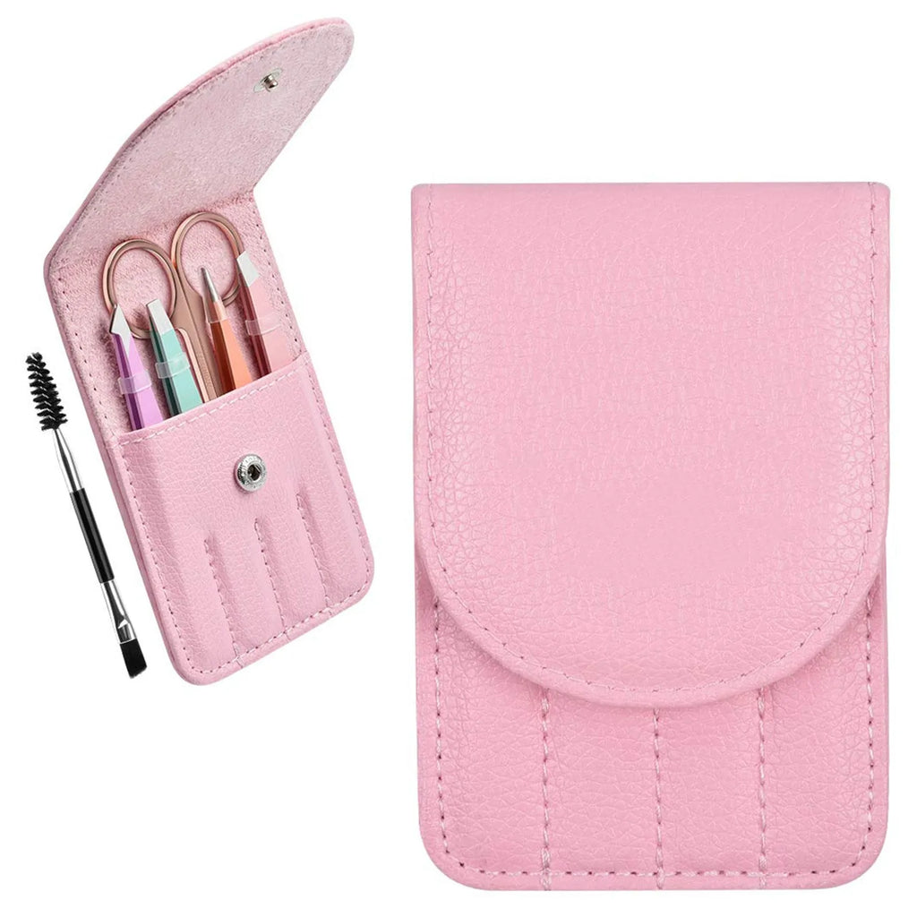 Six-piece stainless steel eyebrow tweezers set with scissors, brush, and leather case