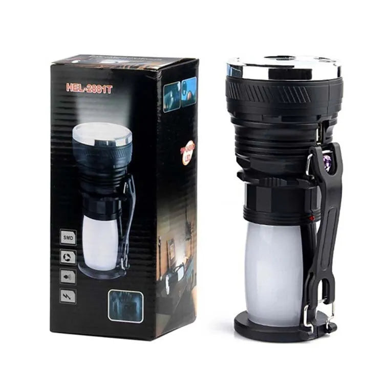 Black solar charging LED emergency flashlight with USB outlet for camping and outdoor use