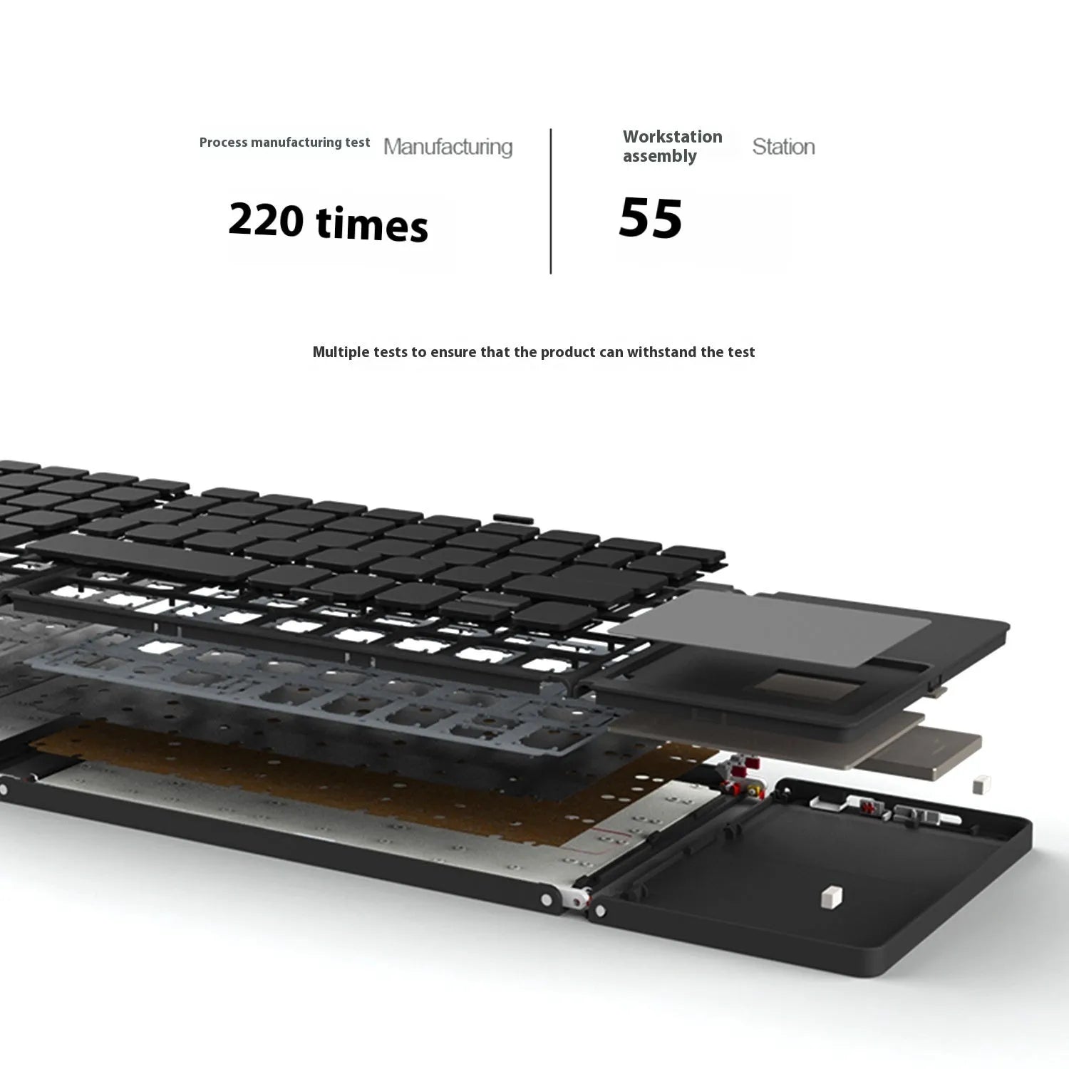 Tri-fold Bluetooth keyboard shown in black and silver colours with compact folded design