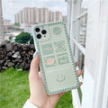 Green TPU iPhone case with geometric pattern and smiley faces in a polka dot frame for multiple models.
