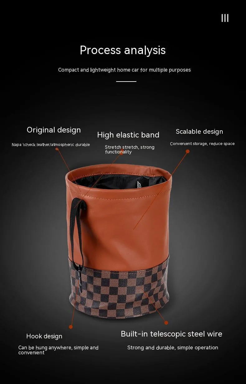 Black leather retractable foldable car trash can with handle shown open and folded.
