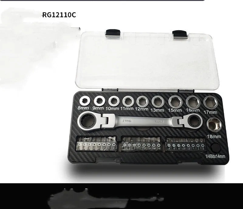 RG12110 series ratchet wrench handle with a selection of 10 socket attachments and 3 screwdriver bit heads laid out on a surface.
