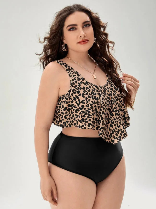 Plus size leopard print bikini swimsuit in graph colour with chest pad top and pants