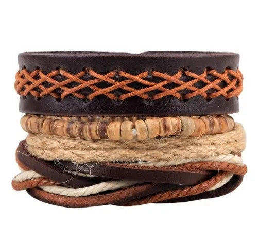 Adjustable leather punk wrap bracelet with wooden beads and multilayer design