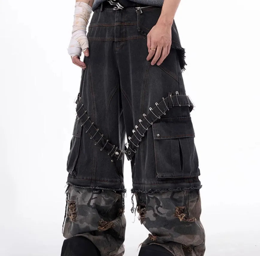 Men's grey camouflage splicing jeans with pin and ribbon structural details