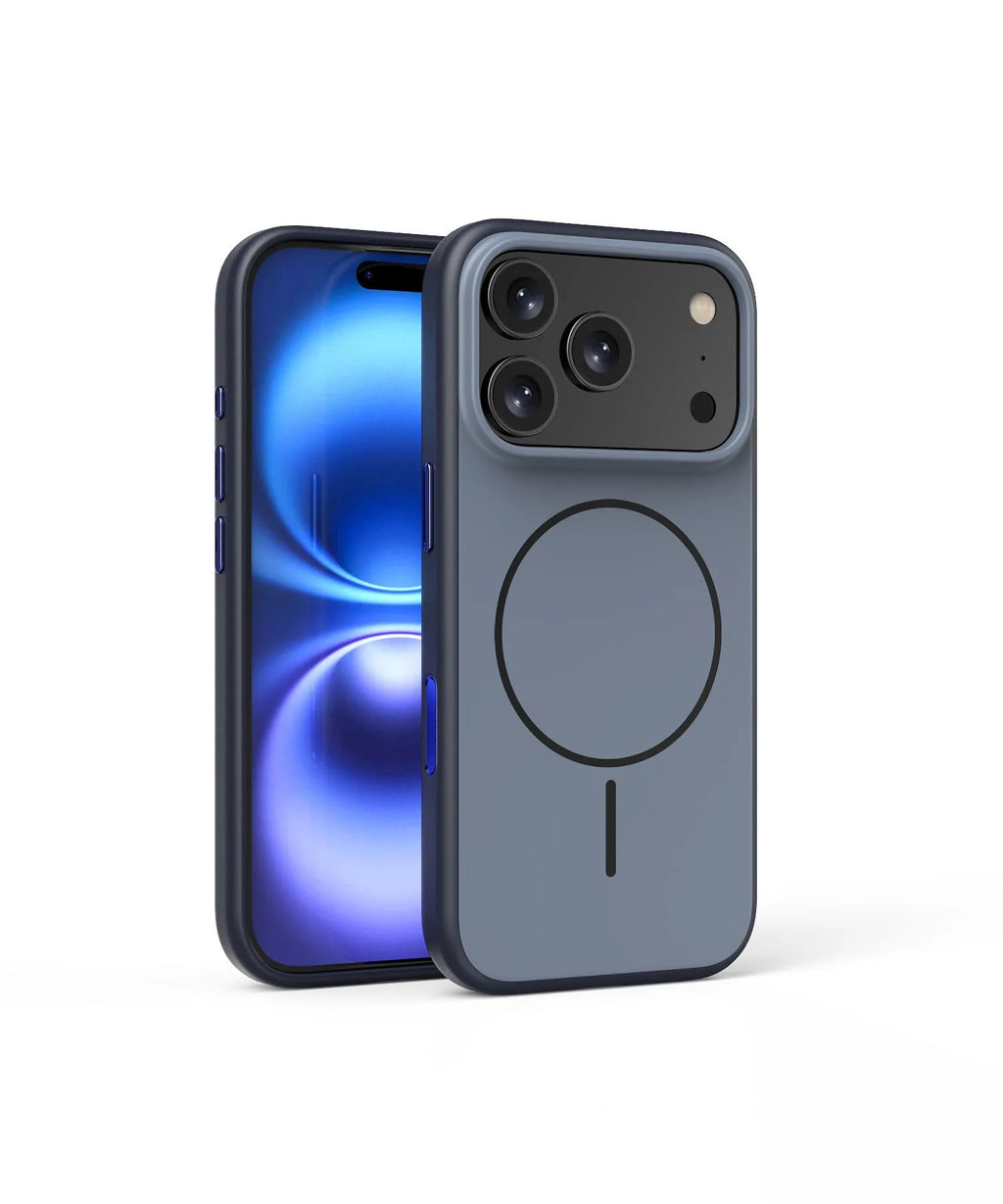 Frosted blue magnetic protective case for Apple iPhone on a white background.