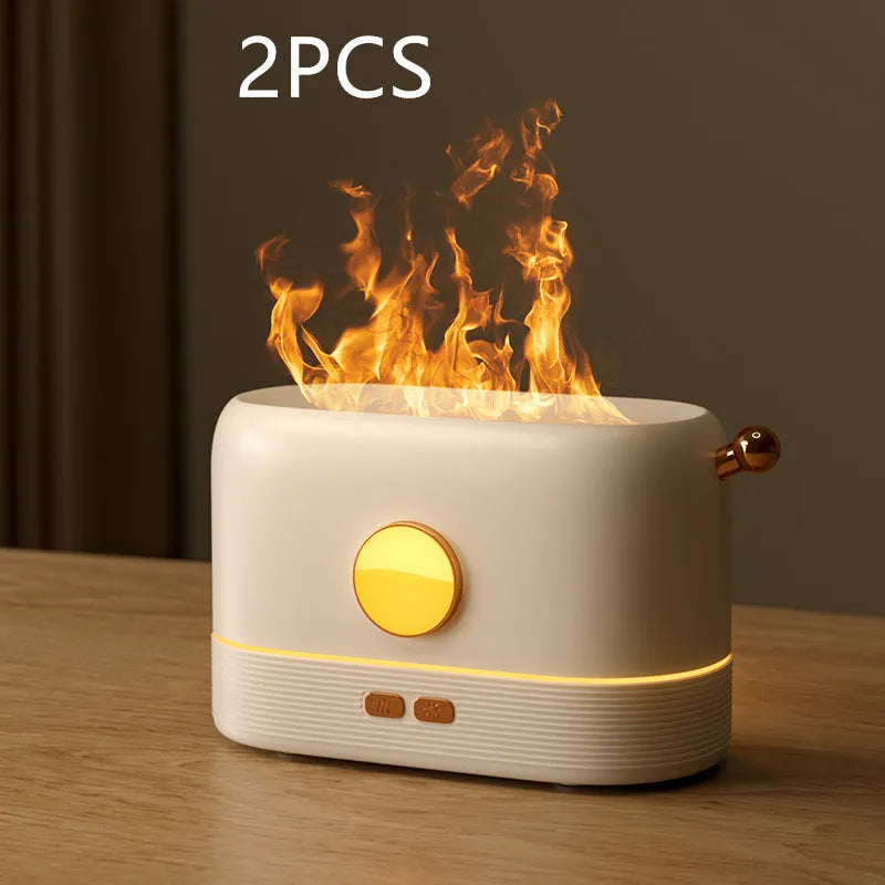 Black USB desktop humidifier with simulation flame light effect and water vapour mist.