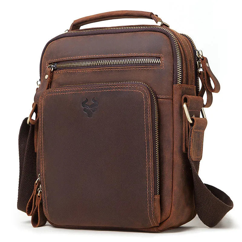 Men's brown genuine leather retro style crossbody bag with sewing line detail.