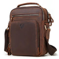 Men's brown genuine leather retro style crossbody bag with sewing line detail.