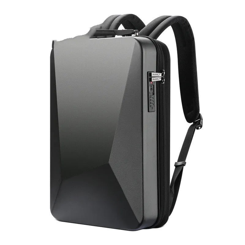 Large hard shell PC gaming backpack in black or silver with lock, showing dedicated laptop and organiser pockets