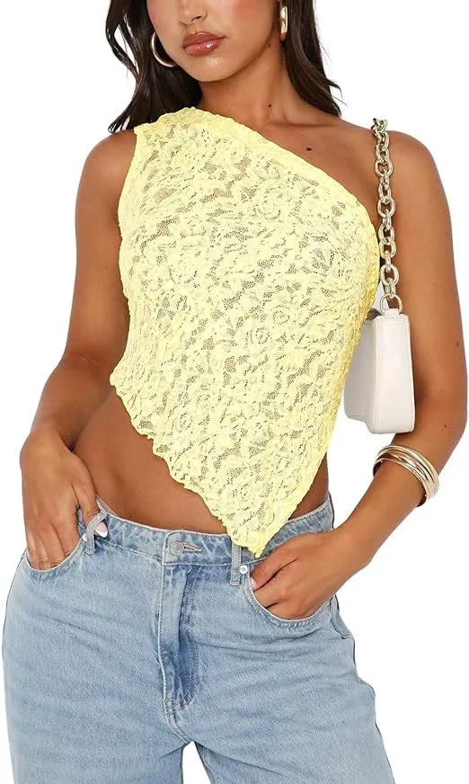 Women's apricot lace backless sleeveless top with an asymmetrical neckline on a hanger.