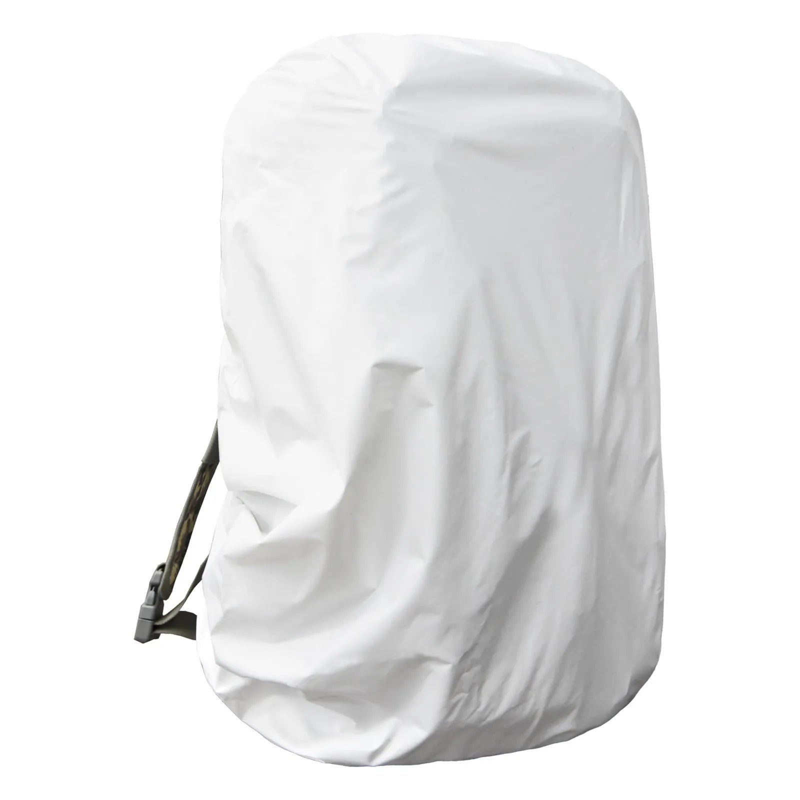 Army green backpack rain cover with elastic edges shown alongside 80 litre backpack for scale