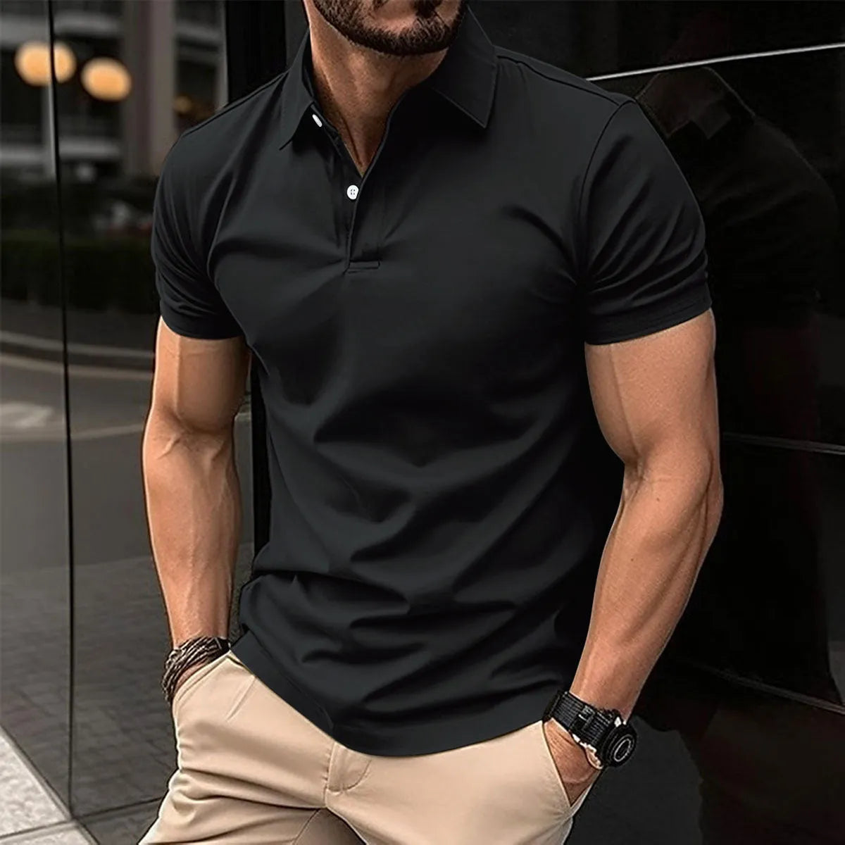 Men's solid colour short sleeve polo shirt with button lapel on a hanger