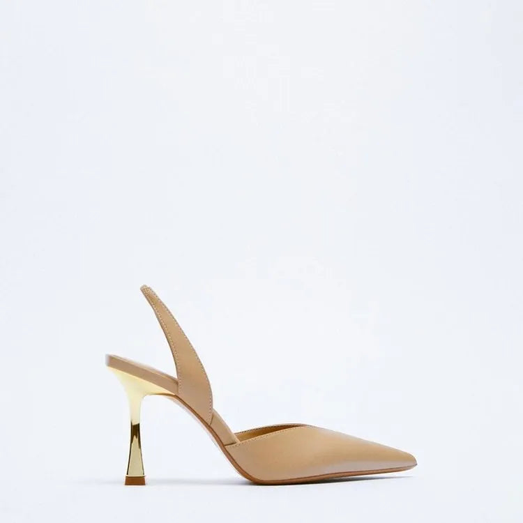 Women's nude pointed toe high heels in patent leather with shallow mouth design