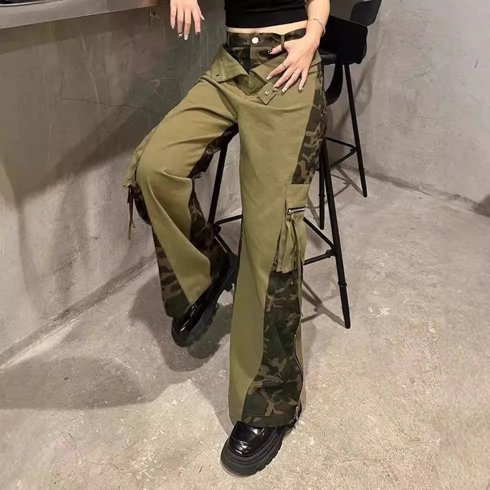 Women's dark khaki leopard print high waist straight leg jeans with retro tooling style details.