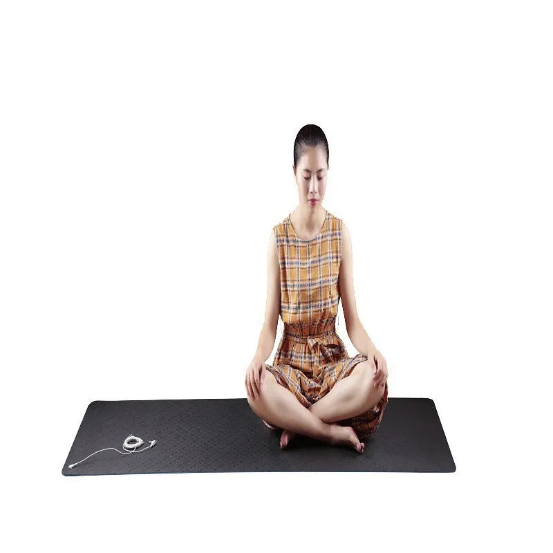 Blue conductive yoga mat with floral pattern, grounding wire, and non-slip PU leather surface