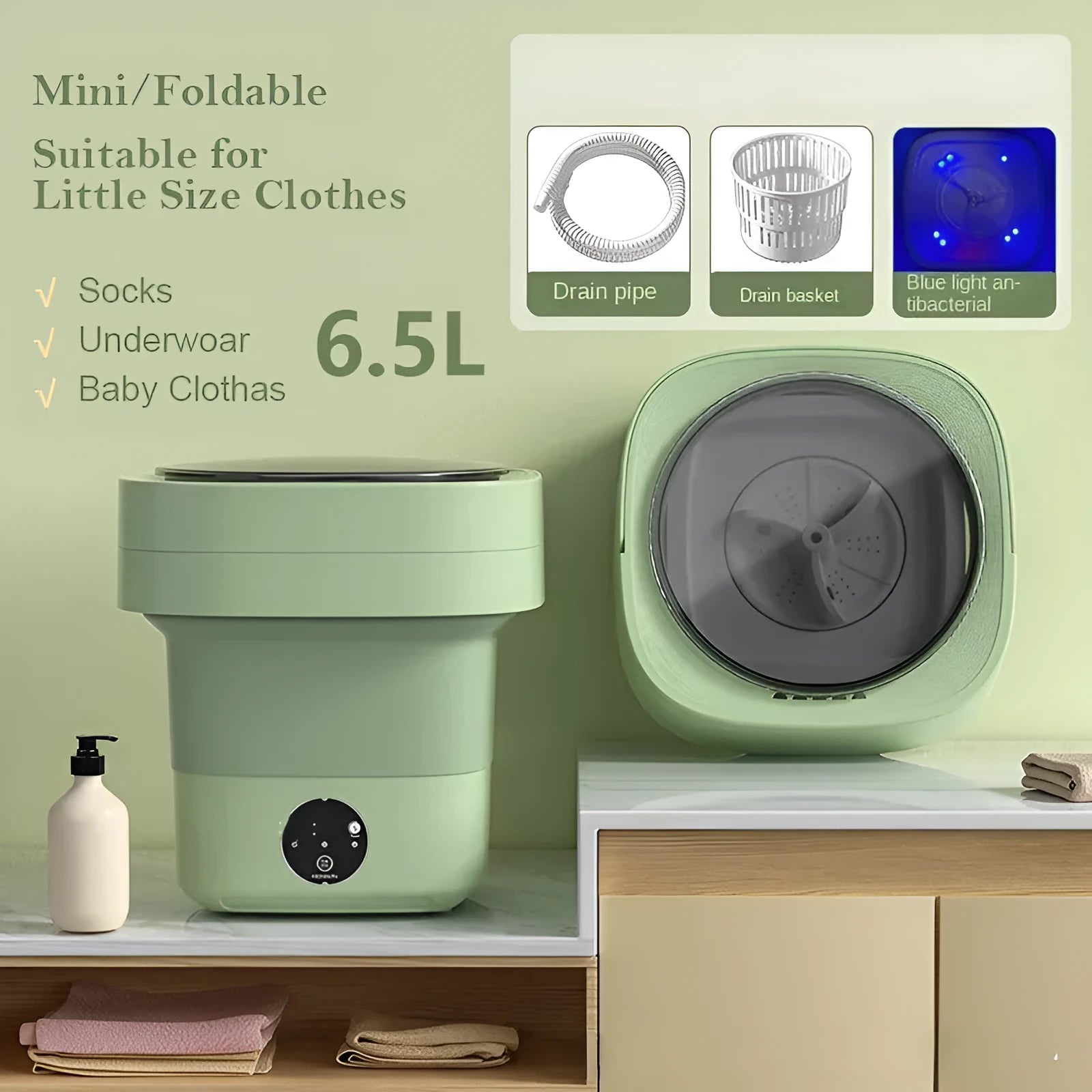 Mini foldable washing machine in green with blue light sterilisation and drain basket