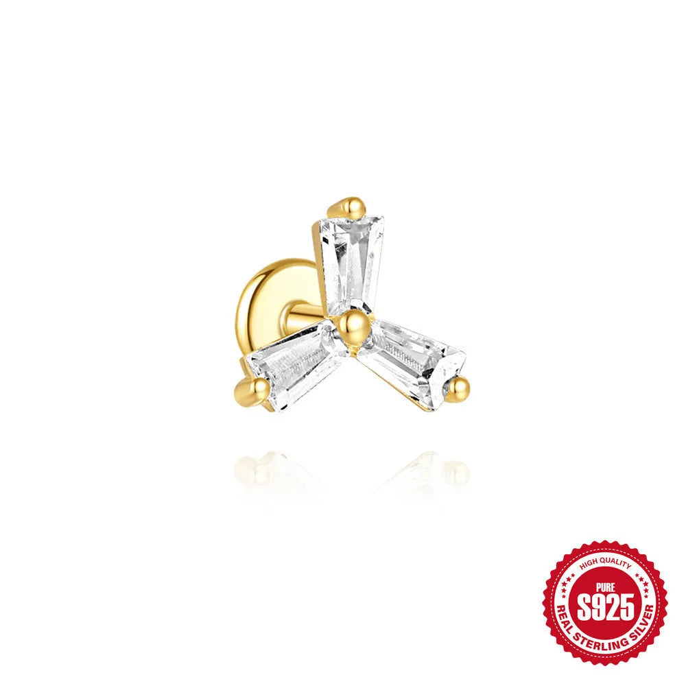 S925 sterling silver zircon stud earrings in golden geometric designs including clover, crown and chain styles