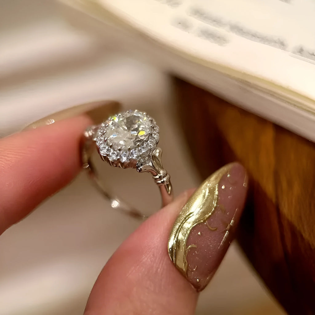 Silver geometric bridal bouquet ring with adjustable opening and diamond sparkle
