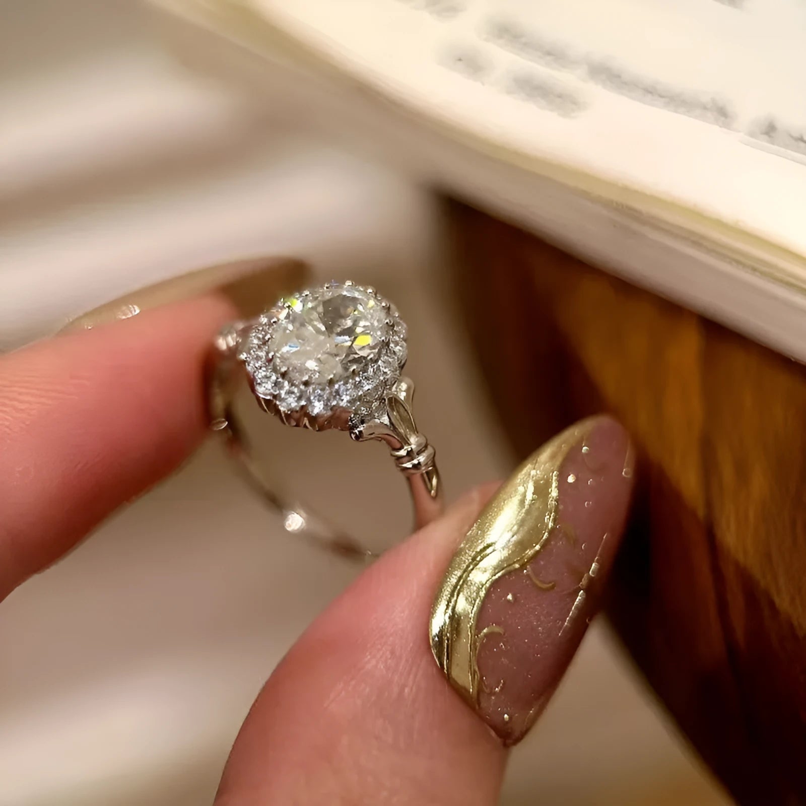 Silver geometric bridal bouquet ring with adjustable opening and diamond sparkle