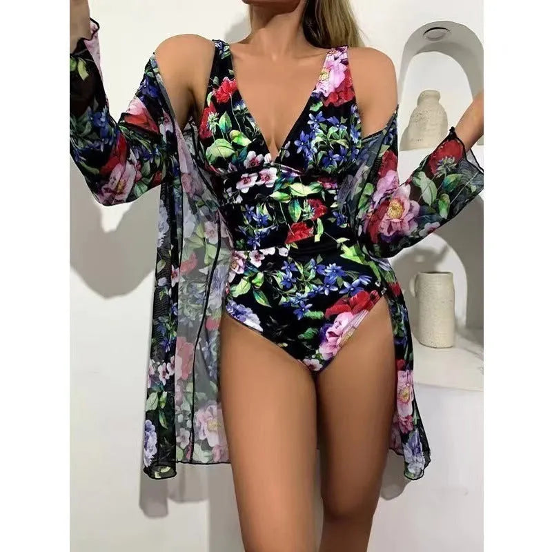Women's floral print polyester bikini three-piece set with matching sheer cover-up coat
