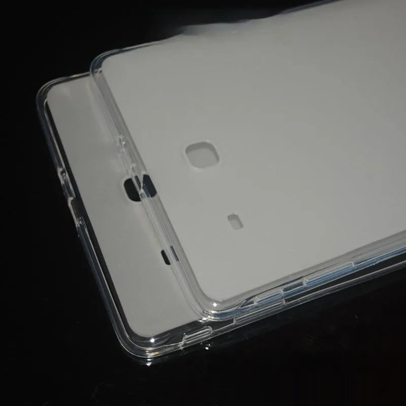 Ultra-thin transparent white silicone tablet case showing minimal protective coverage