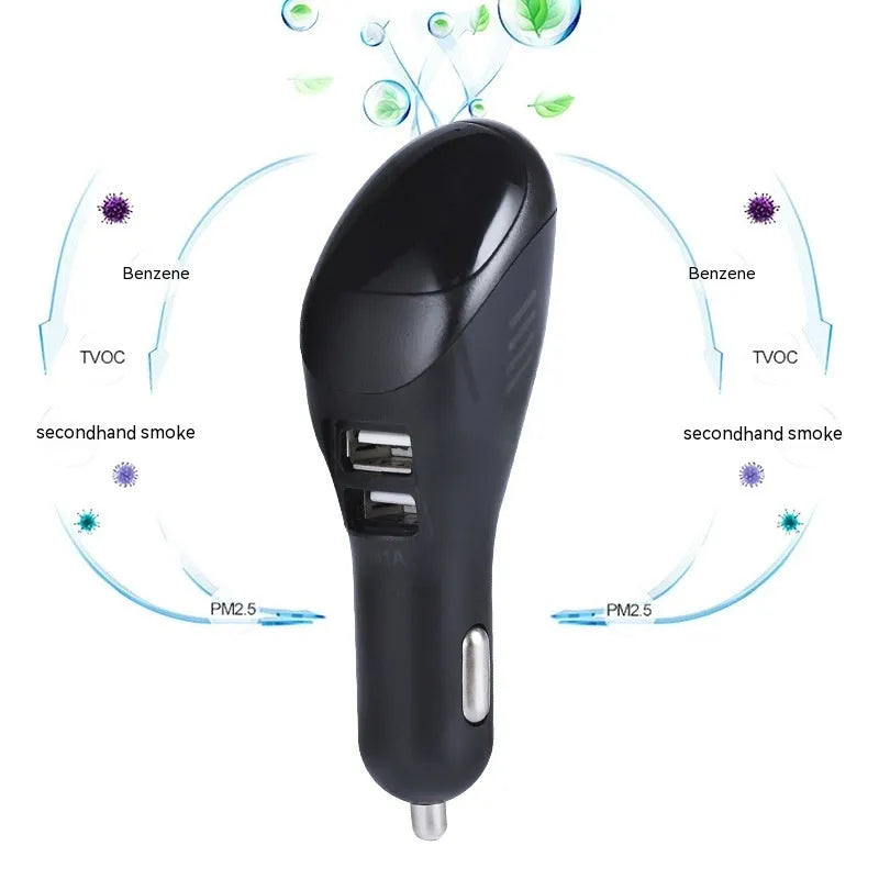 White car USB charger with built-in negative ion air purifier showing compact dimensions