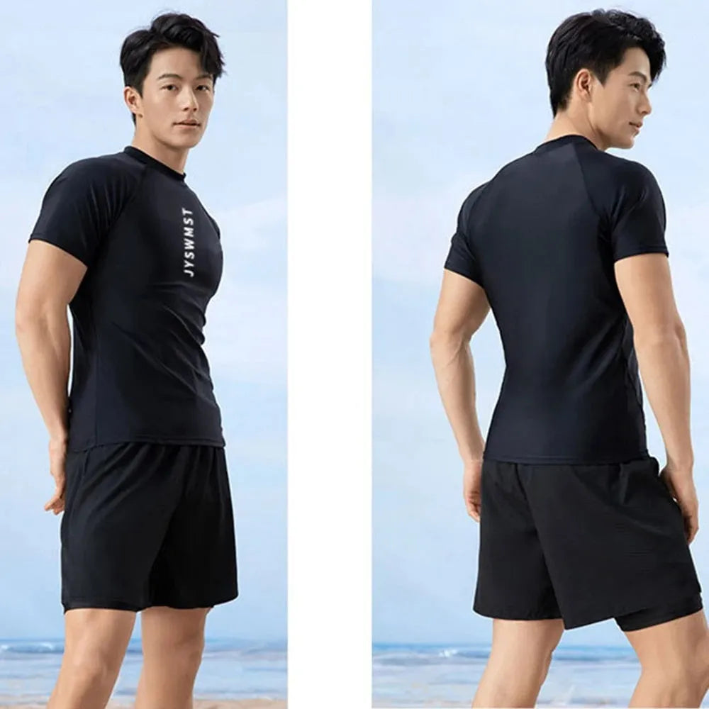 Men's patterned two-piece swimsuit set showing top and trousers on a size chart background.
