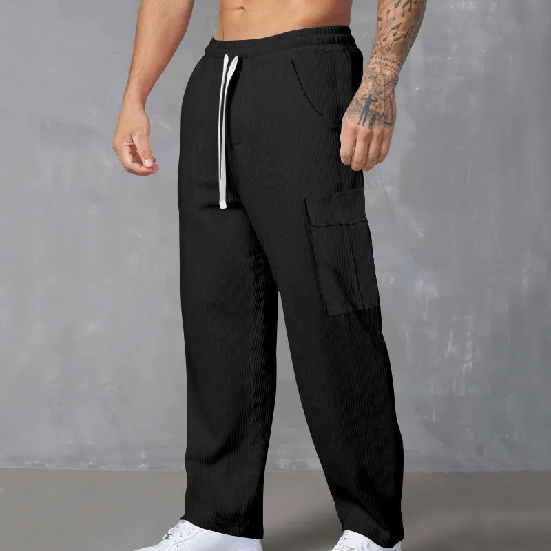 Men's corduroy cargo trousers in straight-leg design with micro-elastic waist and drawstring closure