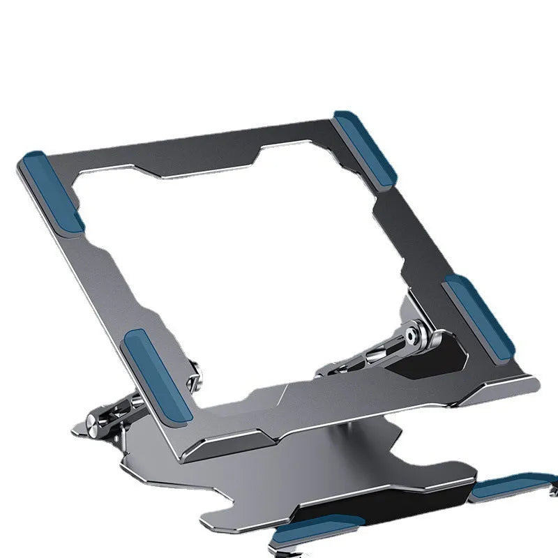Adjustable aluminum laptop stand in grey colour showing folding design and hollow construction