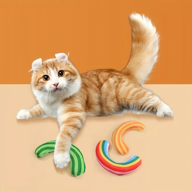 Striped pattern cat pillow toy with built-in catnip in green, rainbow or yellow colours