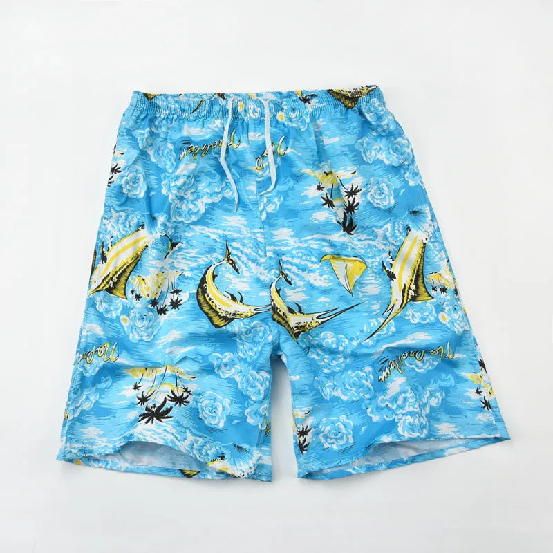 Men's floral print five-point swimming trunks made from polyester in a free size.