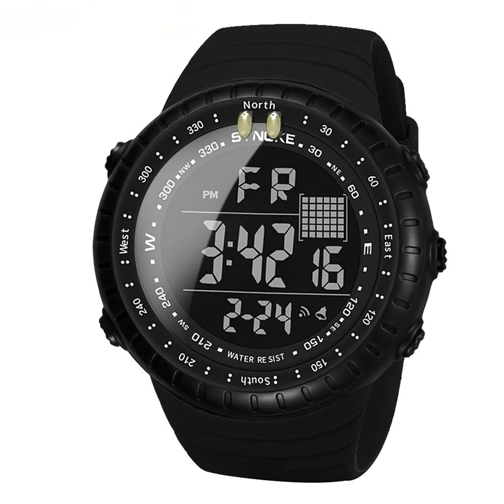 Black waterproof digital watch for men with large 54.74mm dial and PU strap