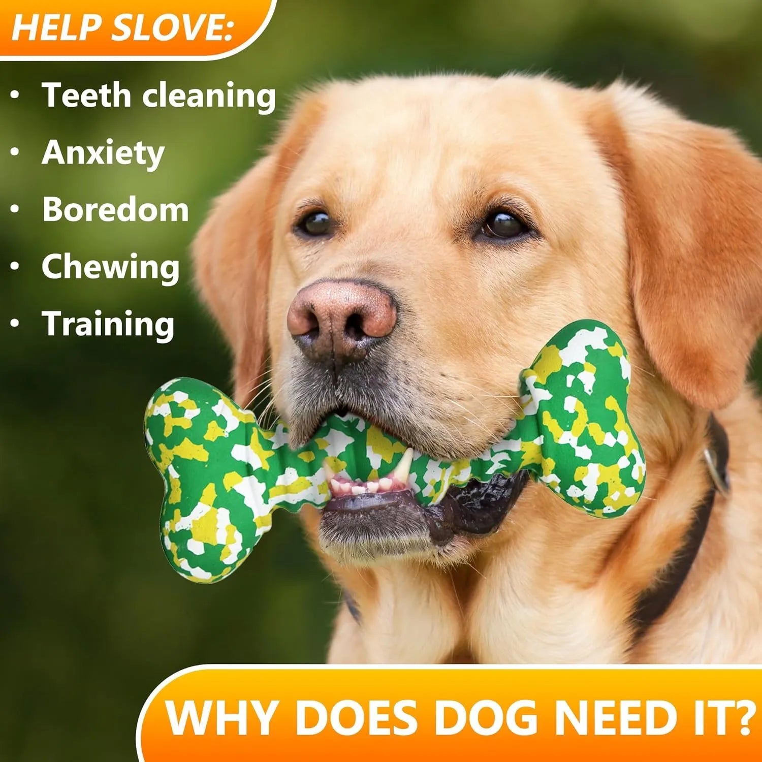 Green and white camouflage patterned natural rubber bone chew toy for dogs on a wooden floor.