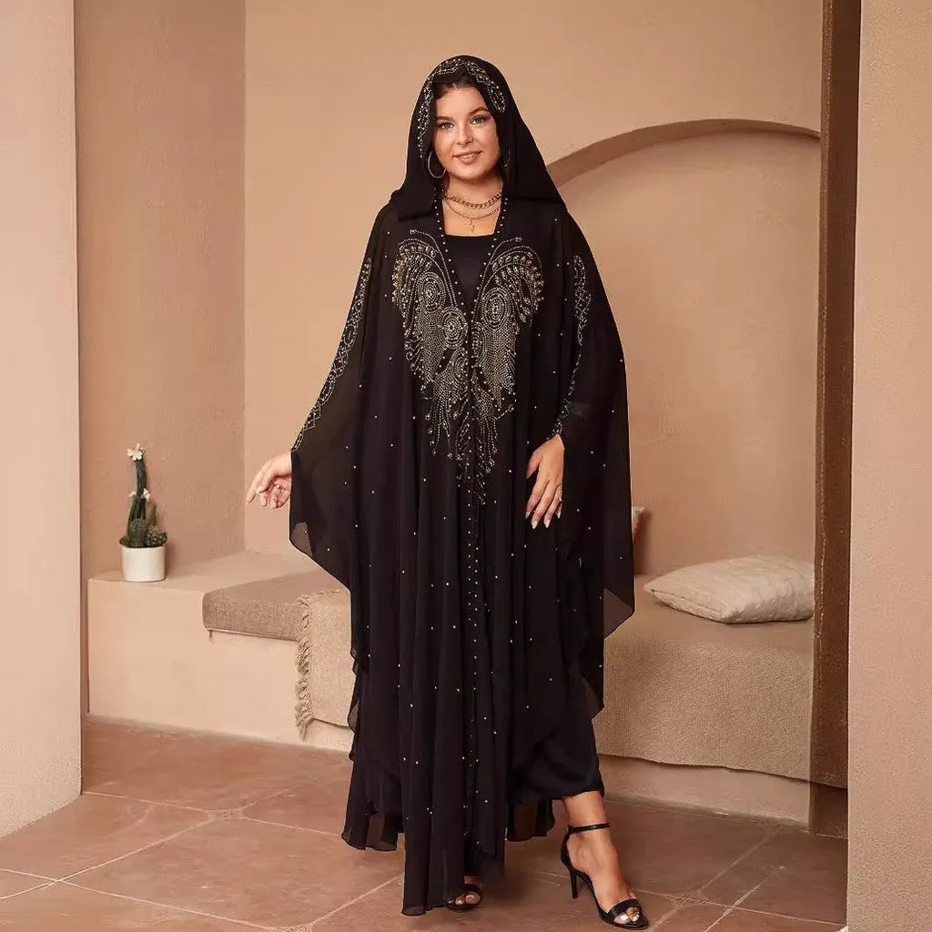 Muslim style chiffon cape shawl with rhinestone beaded trim in various colours showing 135-175cm length