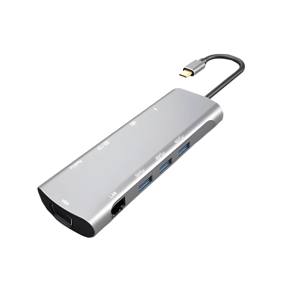Grey aluminium USB-C docking station showing HDMI, VGA, USB 3.0, and power delivery ports
