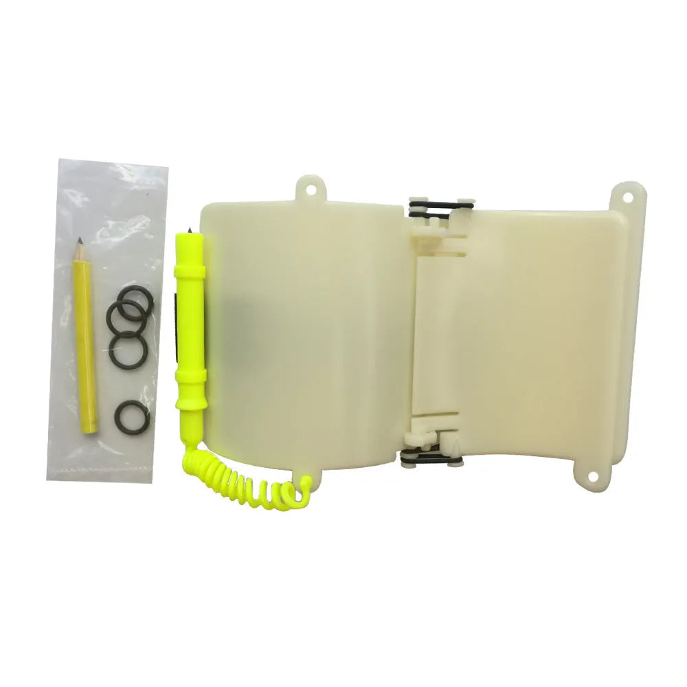 White luminous ABS underwater writing wristboard for diving jacket with pencil.