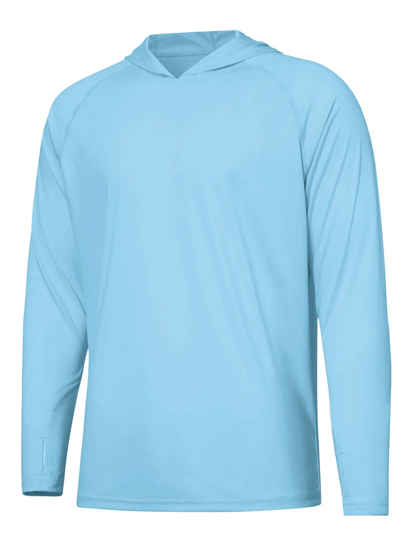 Man wearing a thin grey long sleeve hooded top for outdoor sun protection during fishing or hiking.