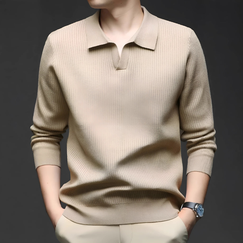 Men's loose fit plain pullover sweater in green, shown on a model for scale.