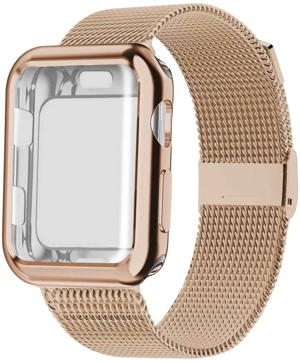 Magnetic metal Milanese loop band for Apple Watch with protective case, shown in silver colour.
