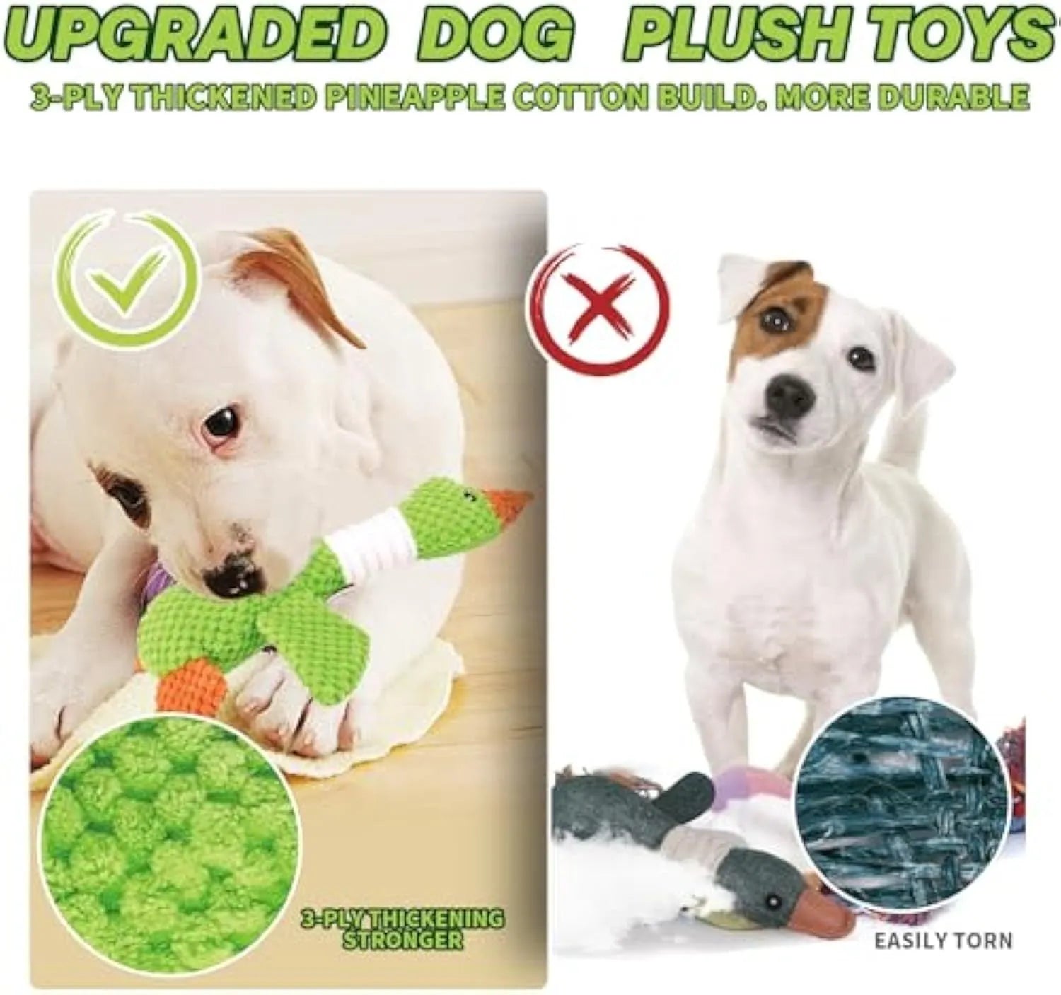 Blue green and grey durable duck plush dog toy with squeakers for chewing and play