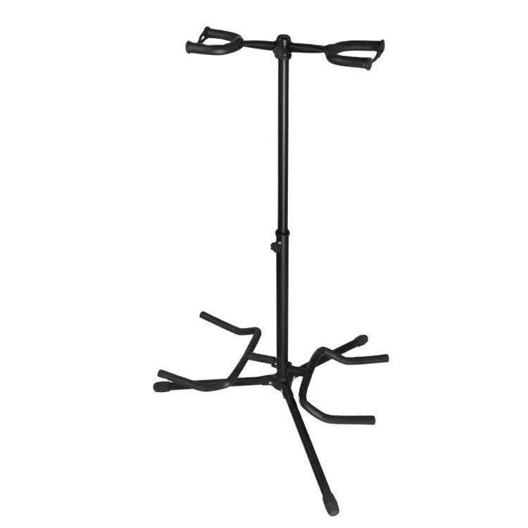 Black vertical double-headed adjustable guitar stand for acoustic and electric guitars.