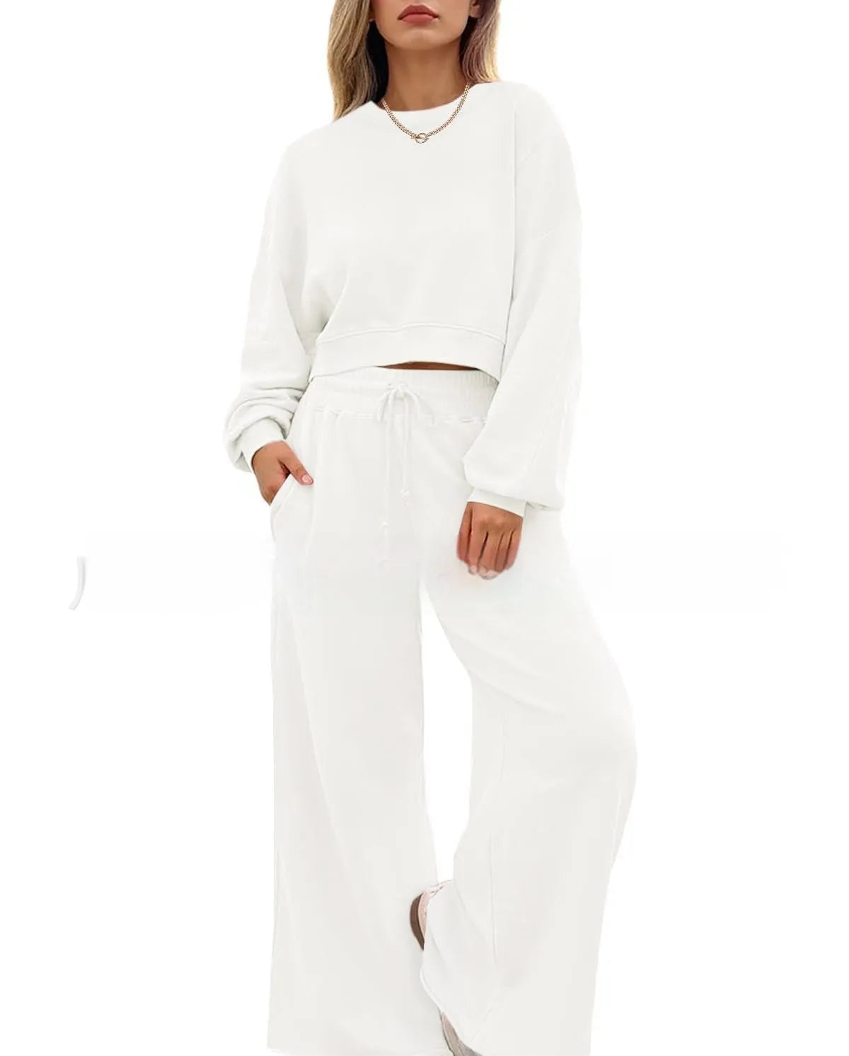 Women's solid colour long sleeve top and trousers two-piece casual set