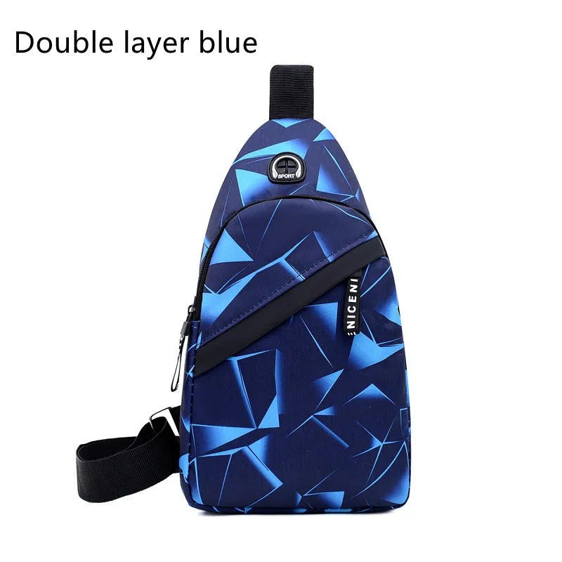 Men's Oxford cloth crossbody chest bag with earphone hole, showing zipper closure and vertical messenger style