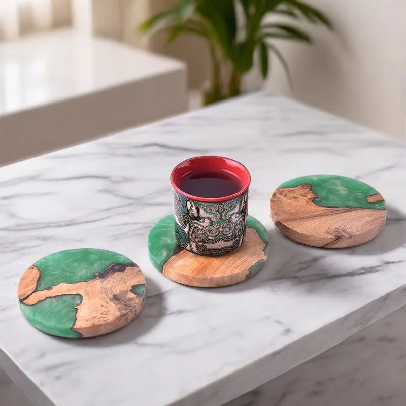 Nordic style wooden coaster with resin heat insulation for tea sets in solid colour