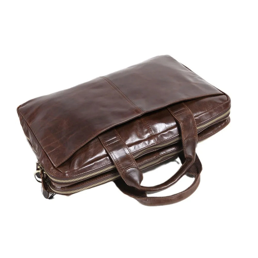 Brown 18-inch men's business briefcase made from first layer cowhide leather
