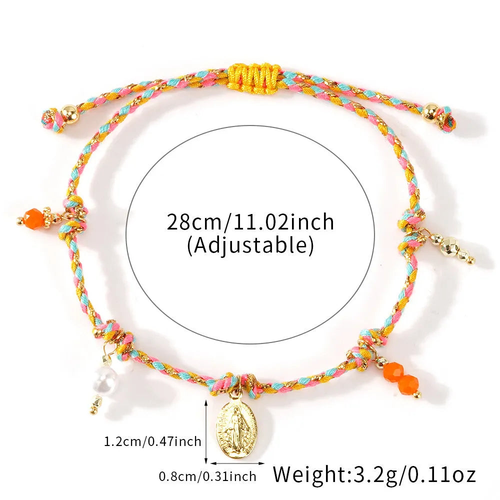 Close-up of a hand-woven colourful braided rope bracelet for women with a carrying strap tag.