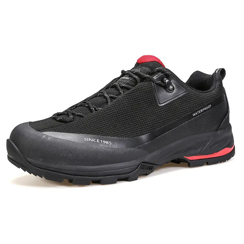 Men's low-top hiking boot in black with front lace-up, rubber outsole, and leather mesh upper.