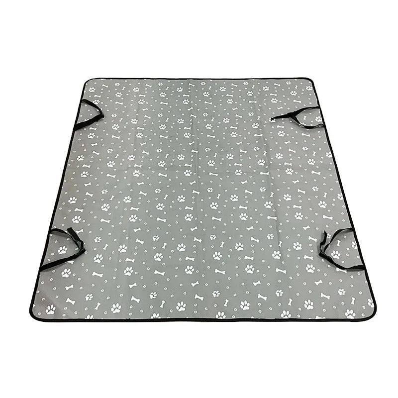 Grey car pet mat with dog bone print design covering a car rear seat