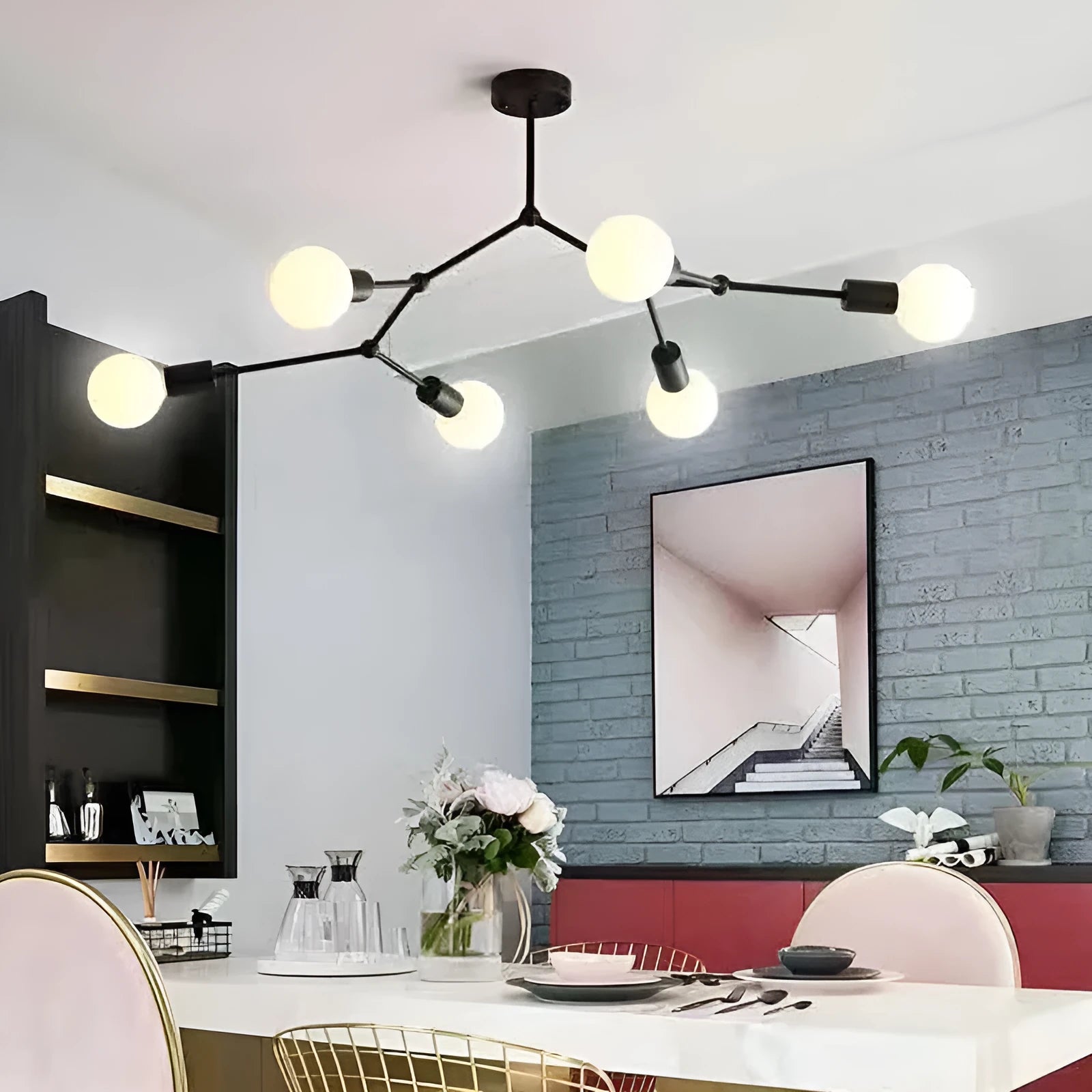 Iron Nordic style ceiling chandelier with multiple light heads in black or white finish